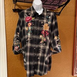 Johnny Was Floral Embroidered Plaid Shirt